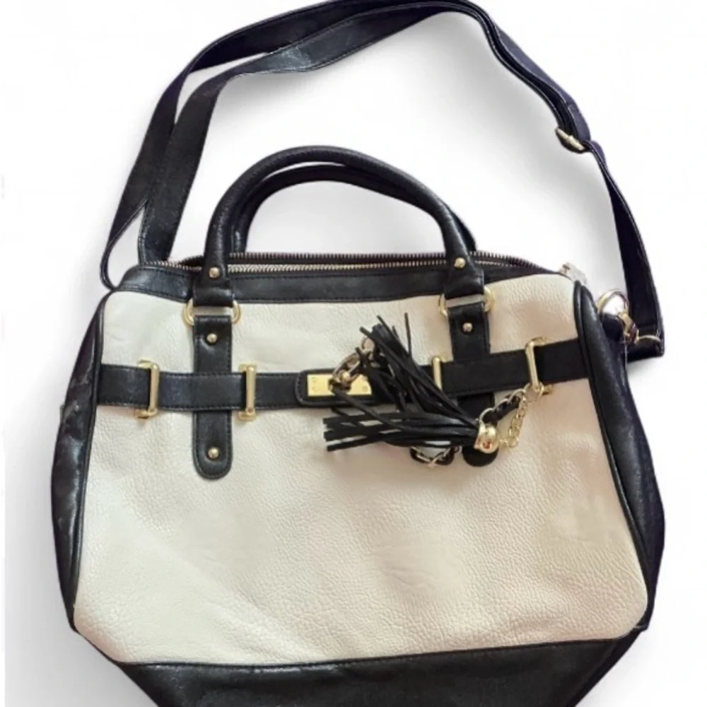 Steve Madden Tote Satchel Crossbody Bag Black White Two Tone Vegan Leather